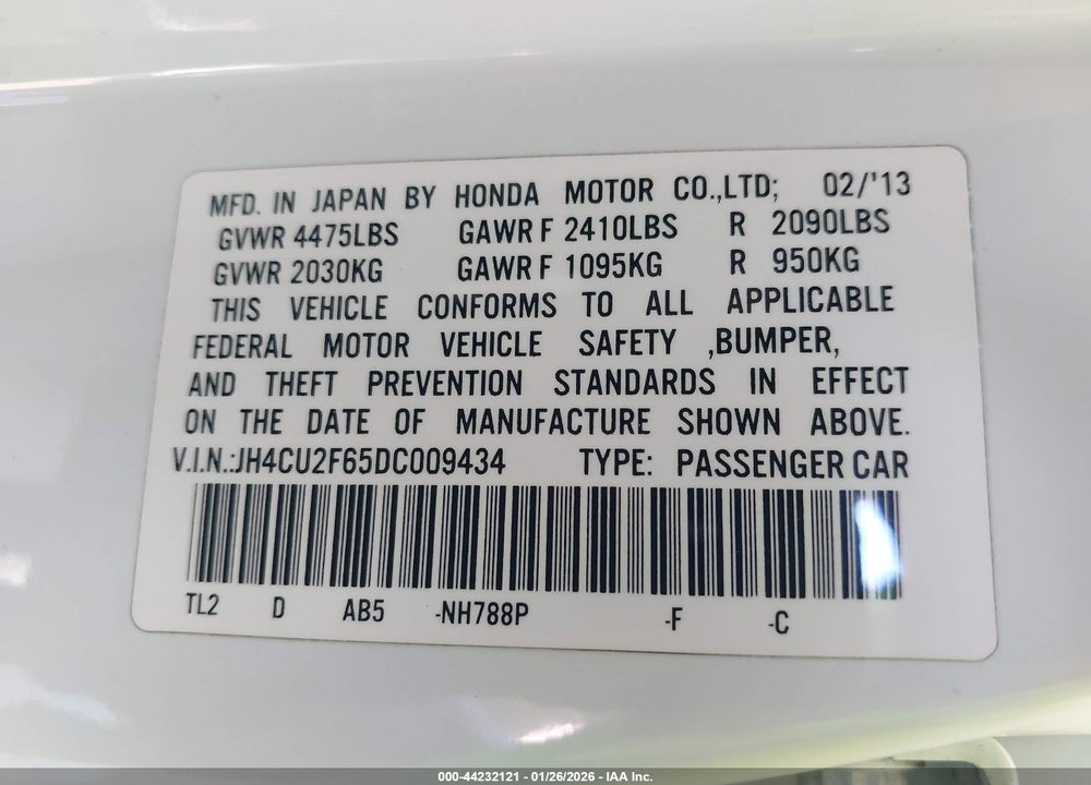 2013 ACURA TSX 2.4 VIN: JH4CU2F65DC009434