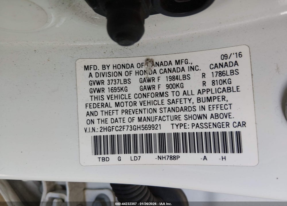 2016 HONDA CIVIC EX VIN: 2HGFC2F73GH569921