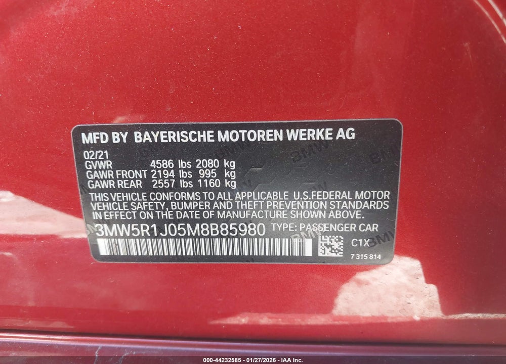 2021 BMW 330I VIN: 3MW5R1J05M8B85980