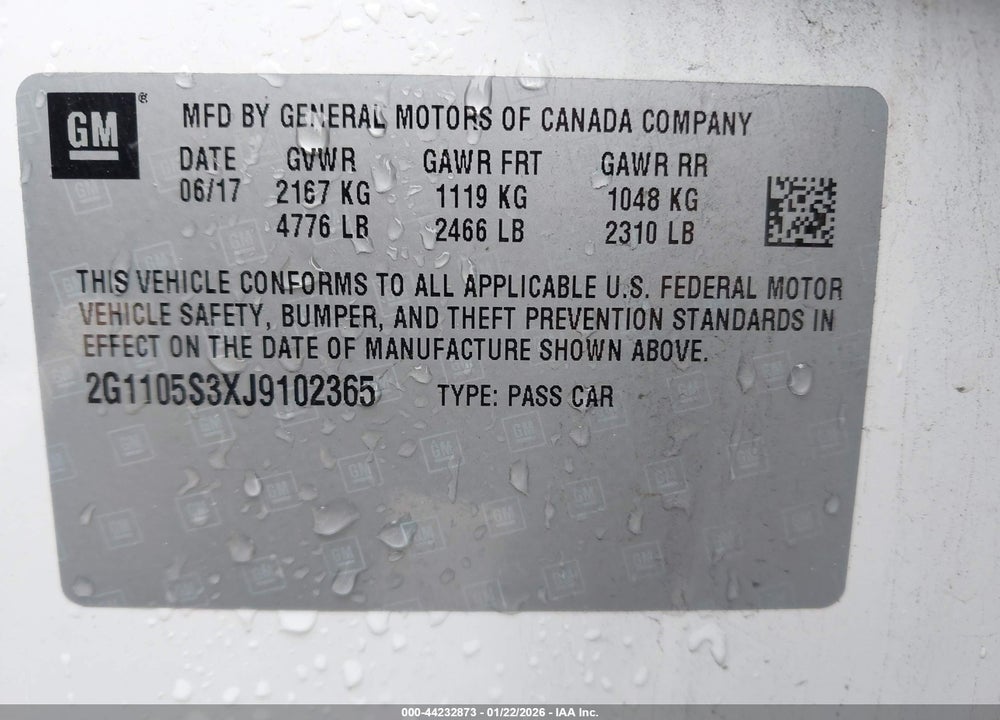 2018 CHEVROLET IMPALA 1LT VIN: 2G1105S3XJ9102365