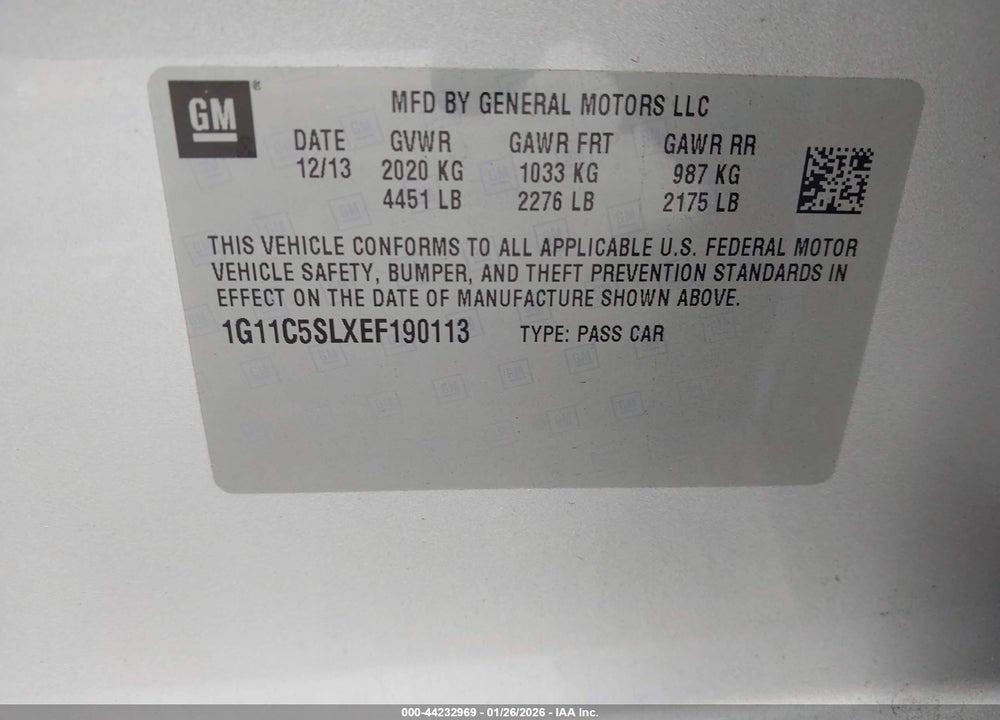 2014 CHEVROLET MALIBU 1LT VIN: 1G11C5SLXEF190113