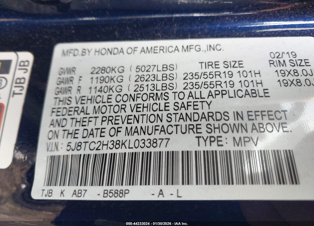 2019 ACURA RDX STANDARD VIN: 5J8TC2H38KL033877