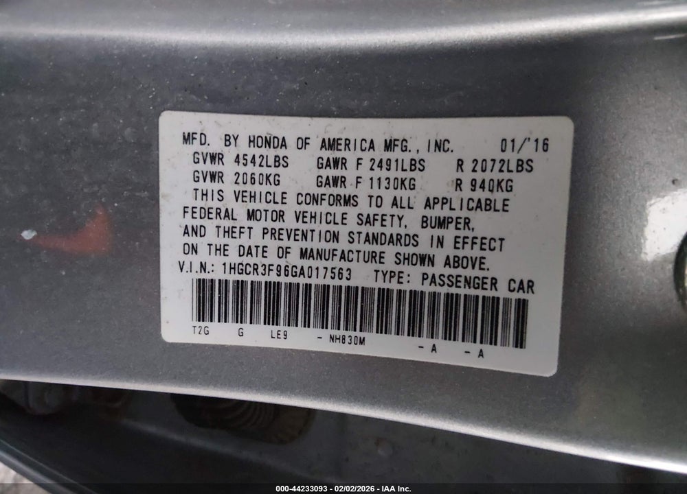 2016 HONDA ACCORD TOURING VIN: 1HGCR3F96GA017563