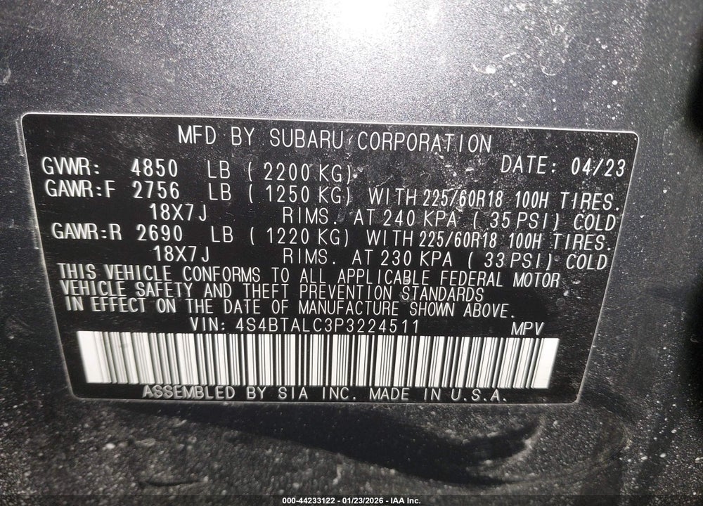 2023 SUBARU OUTBACK ONYX EDITION VIN: 4S4BTALC3P3224511