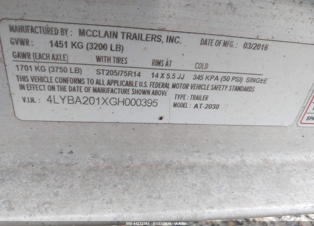 1986 MCCLAIN INDUSTRIES S-TRL VIN: 4LYBA201XGH000395