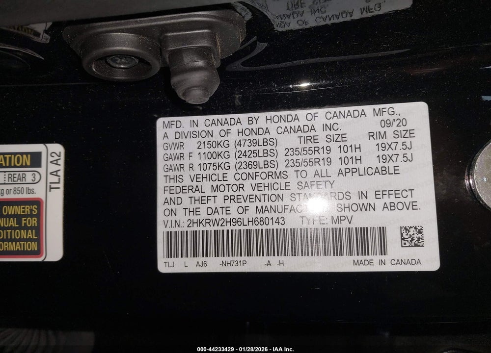2020 HONDA CR-V AWD TOURING VIN: 2HKRW2H96LH680143
