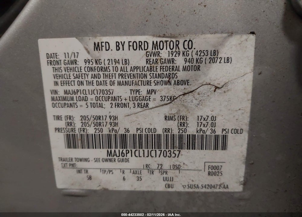 2018 FORD ECOSPORT SES VIN: MAJ6P1CL1JC170357