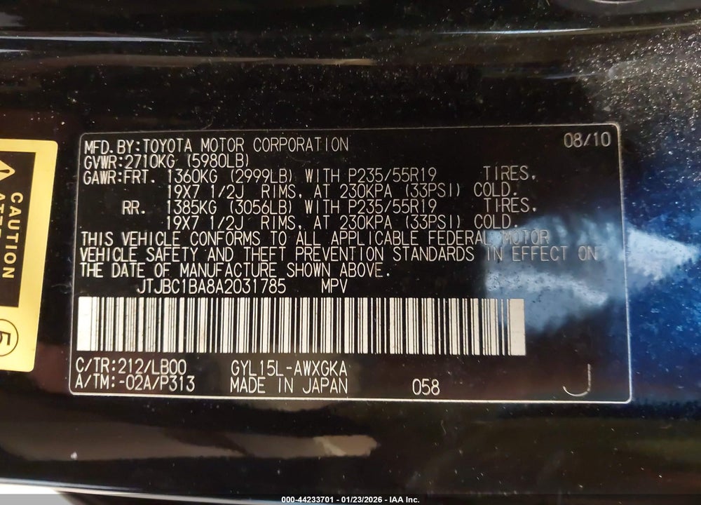 2010 LEXUS RX 450H VIN: JTJBC1BA8A2031785