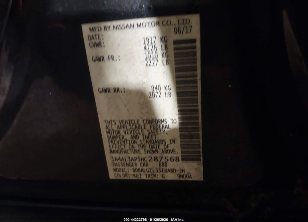 2017 NISSAN ALTIMA 2.5 S VIN: 1N4AL3AP5HC287568