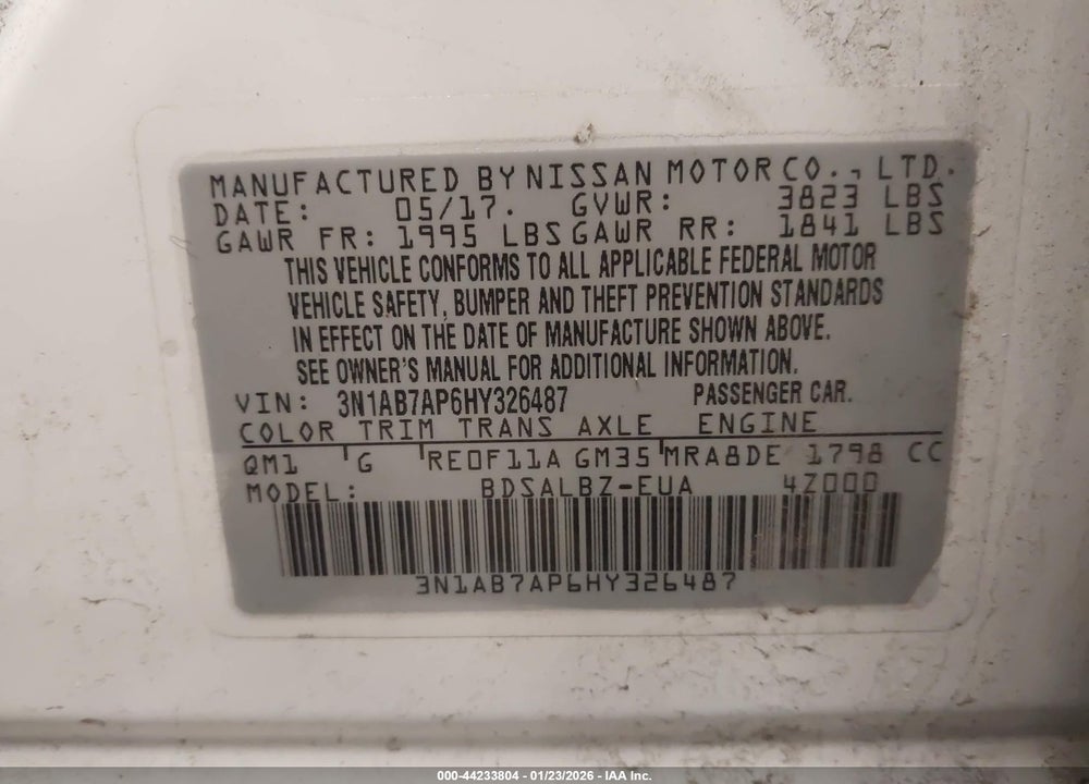 2017 NISSAN SENTRA S VIN: 3N1AB7AP6HY326487