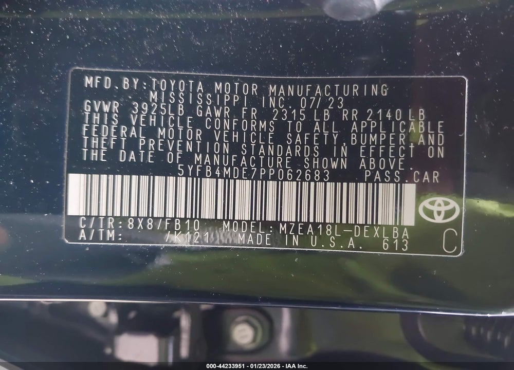 2023 TOYOTA COROLLA LE VIN: 5YFB4MDE7PP062683