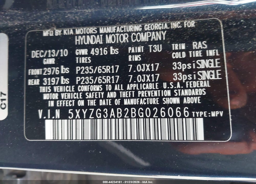 2011 HYUNDAI SANTA FE GLS VIN: 5XYZG3AB2BG026066