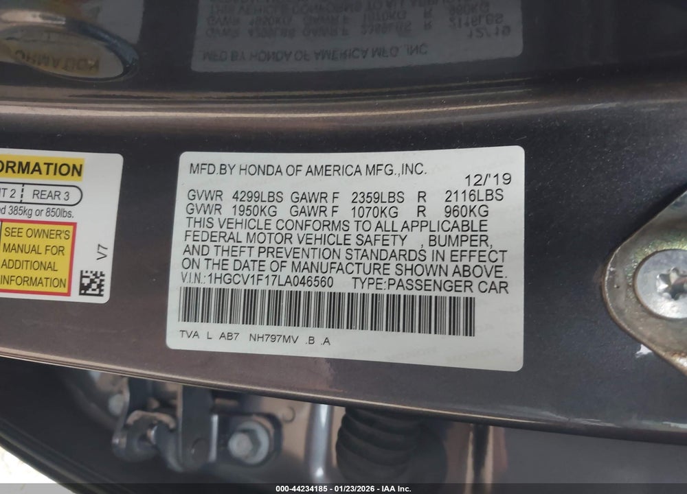 2020 HONDA ACCORD LX VIN: 1HGCV1F17LA046560