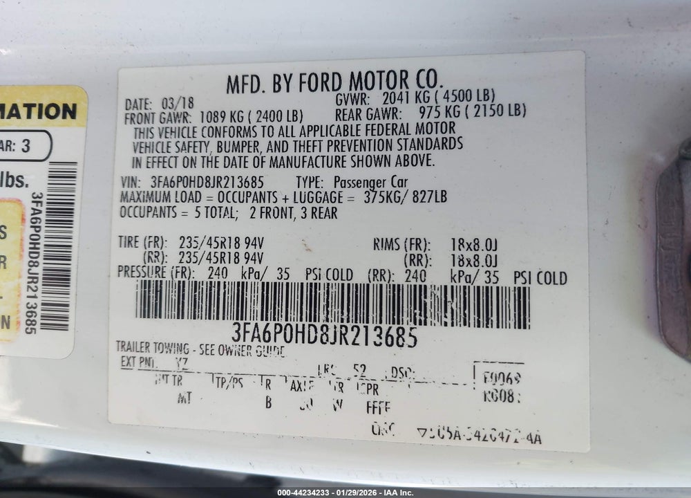 2018 FORD FUSION SE VIN: 3FA6P0HD8JR213685