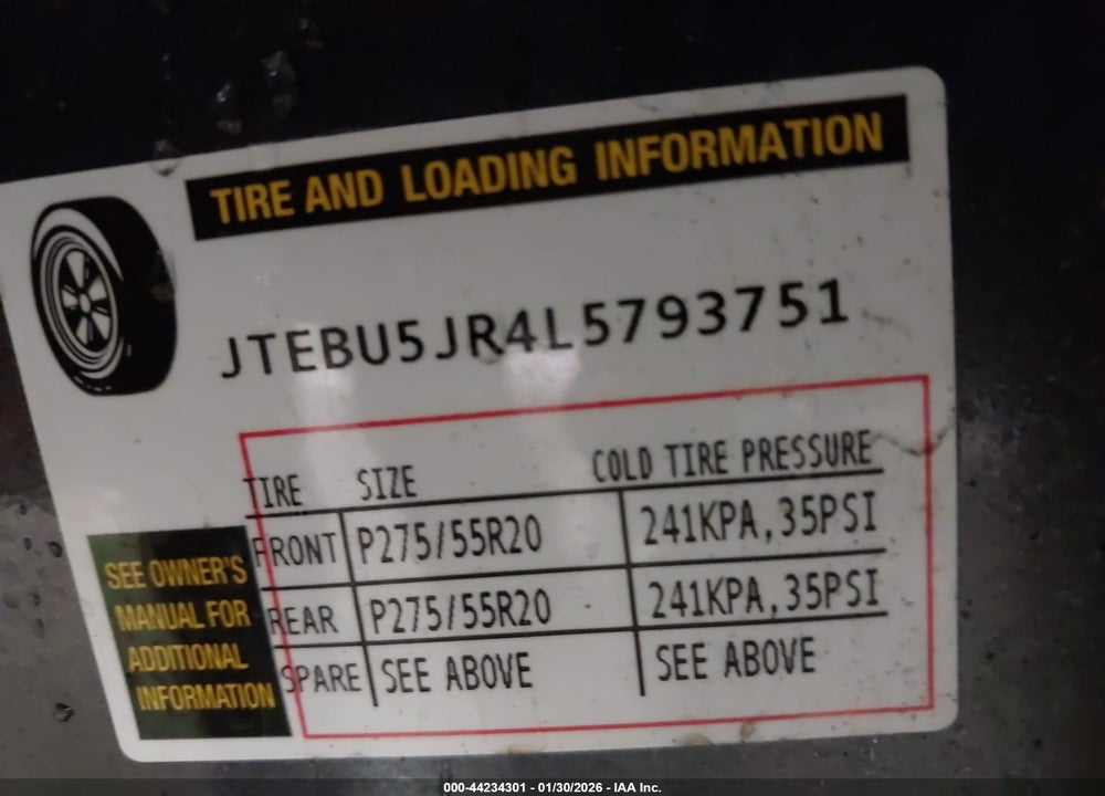2020 TOYOTA 4RUNNER TRD OFF ROAD VIN: JTEBU5JR4L5793751