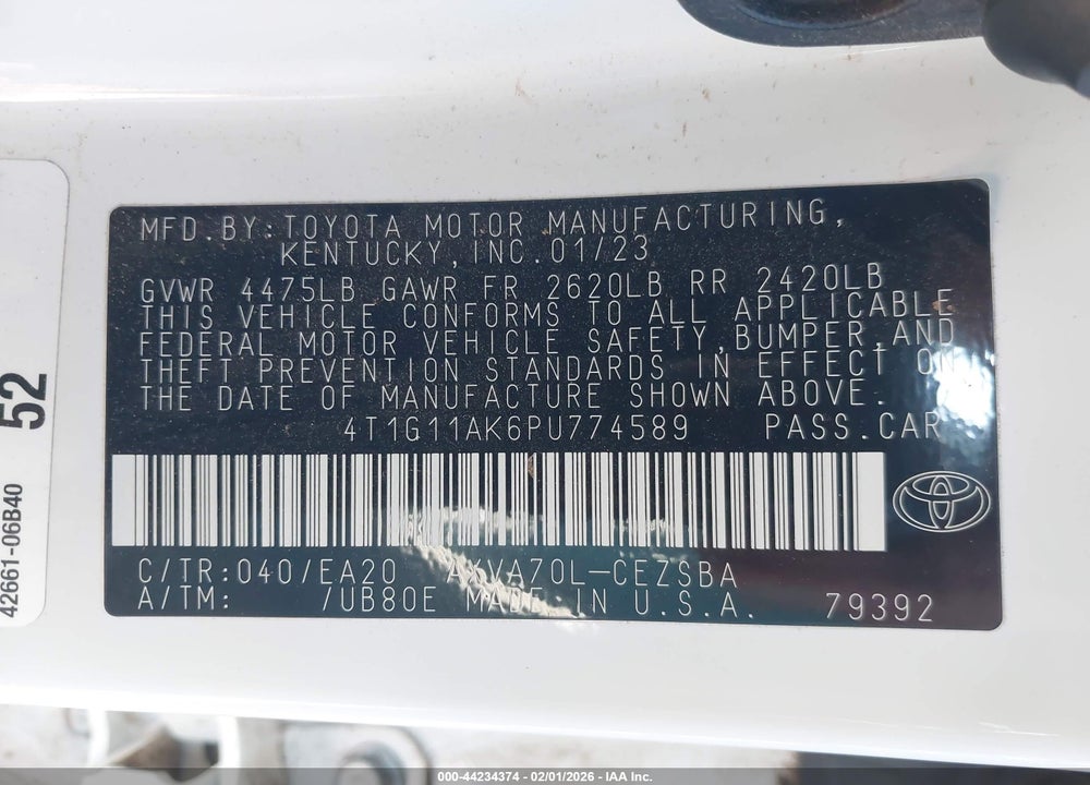 2023 TOYOTA CAMRY SE VIN: 4T1G11AK6PU774589