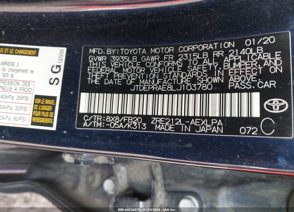 2020 TOYOTA COROLLA LE VIN: JTDEPRAE8LJ103780
