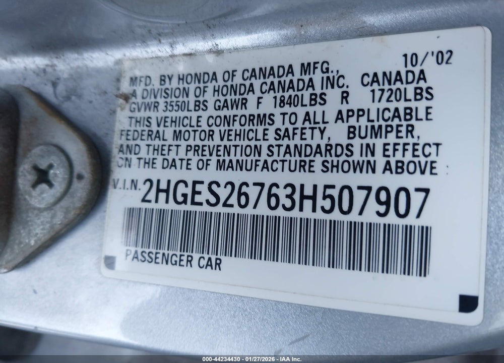 2003 HONDA CIVIC EX VIN: 2HGES26763H507907