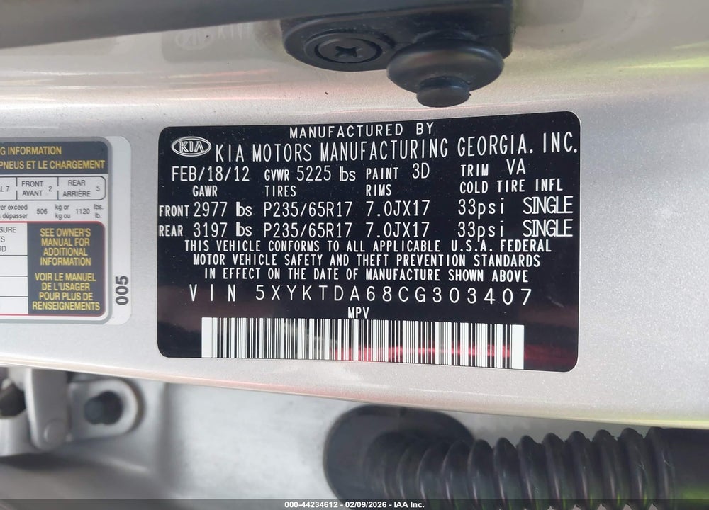 2012 KIA SORENTO LX VIN: 5XYKTDA68CG303407