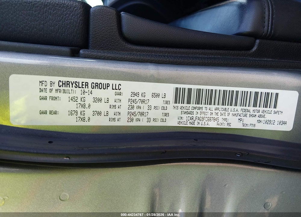 2015 JEEP GRAND CHEROKEE LAREDO VIN: 1C4RJFAG9FC687845
