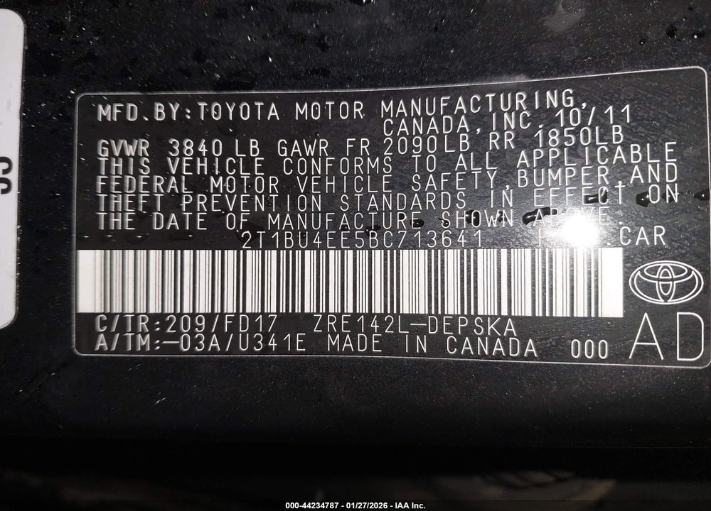 2011 TOYOTA COROLLA S VIN: 2T1BU4EE5BC713641