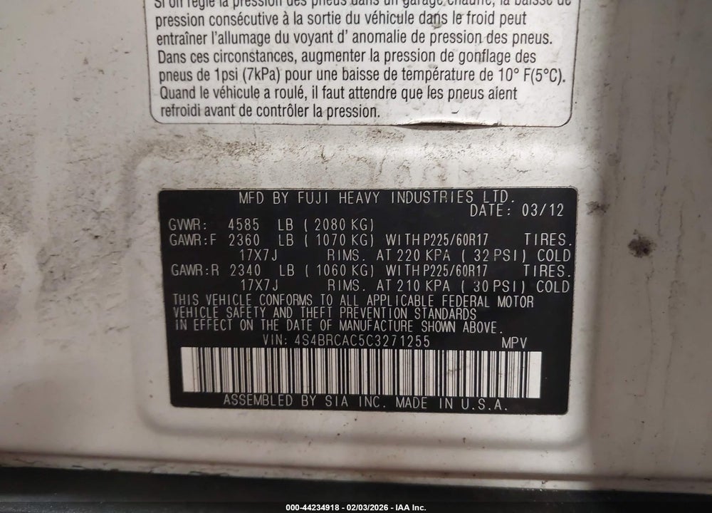2012 SUBARU OUTBACK 2.5I VIN: 4S4BRCAC5C3271255