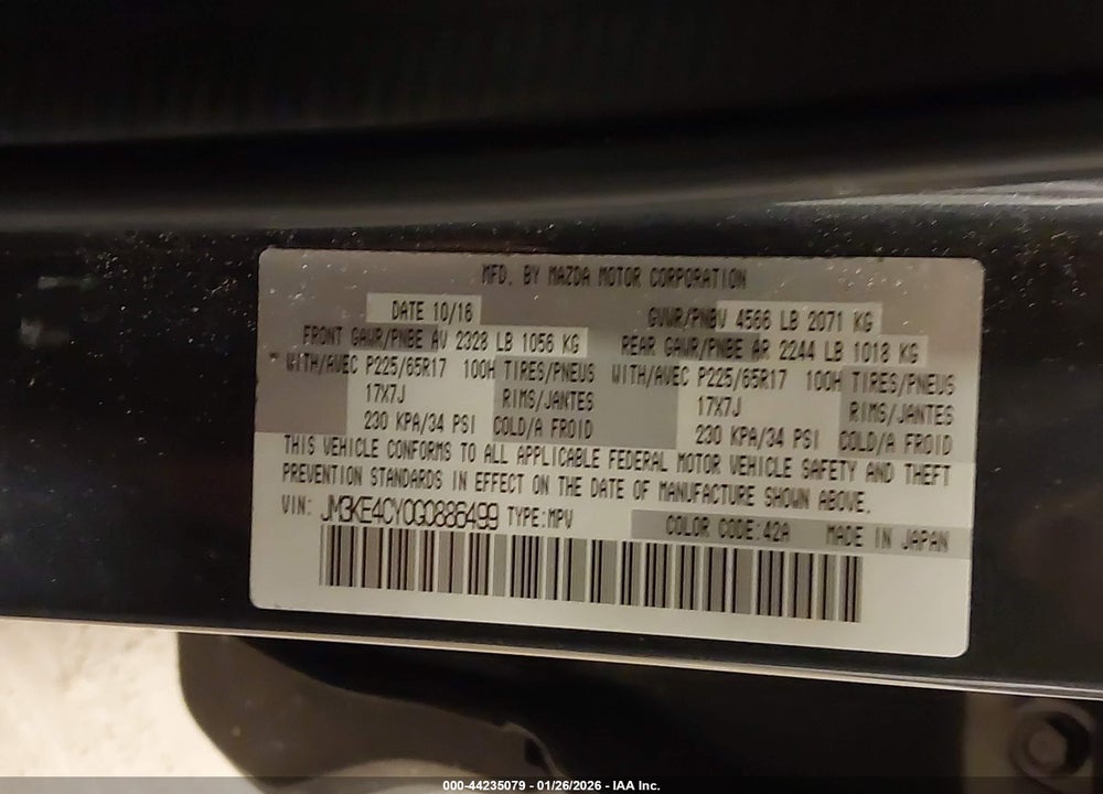 2016 MAZDA CX-5 TOURING VIN: JM3KE4CY0G0886499