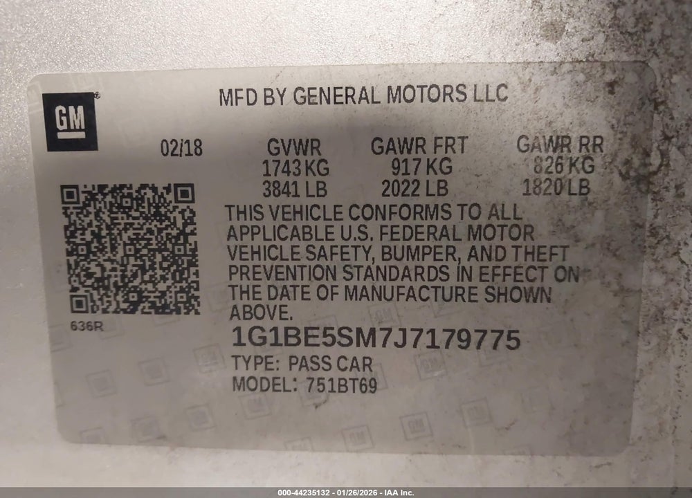 2018 CHEVROLET CRUZE LT AUTO VIN: 1G1BE5SM7J7179775