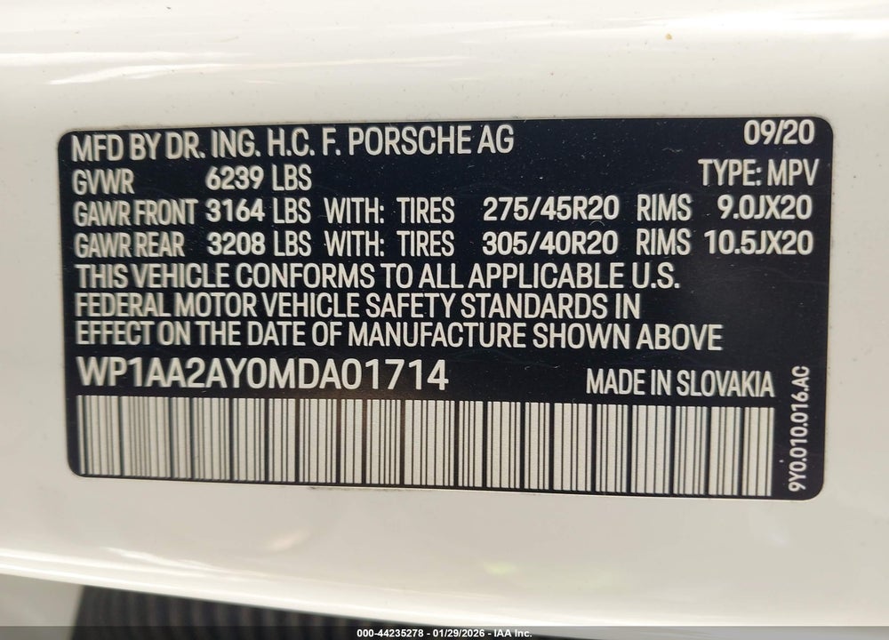 2021 PORSCHE CAYENNE VIN: WP1AA2AY0MDA01714