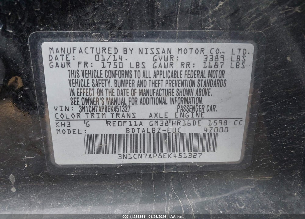 2014 NISSAN VERSA 1.6 S/1.6 S+/1.6 SL/1.6 SV VIN: 3N1CN7AP8EK451327