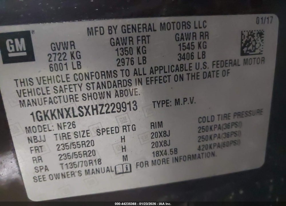 2017 GMC ACADIA DENALI VIN: 1GKKNXLSXHZ229913