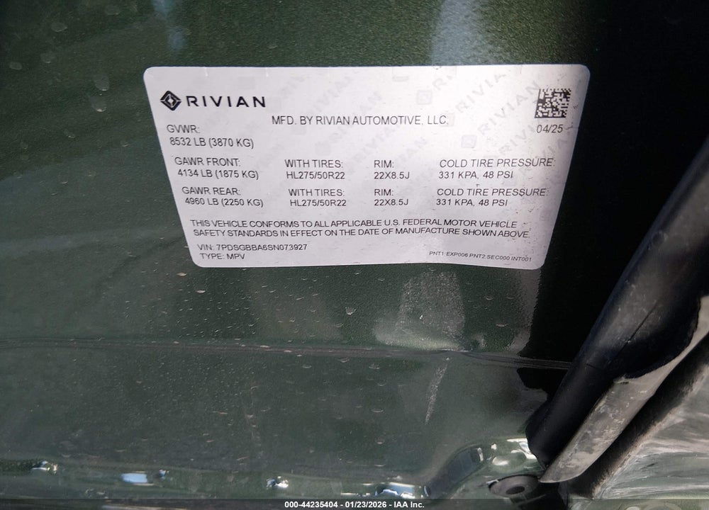 2025 RIVIAN R1S VIN: 7PDSGBBA6SN073927