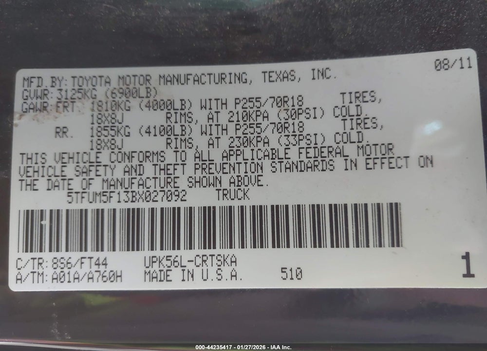 2011 TOYOTA TUNDRA GRADE 4.6L V8 VIN: 5TFUM5F13BX027092