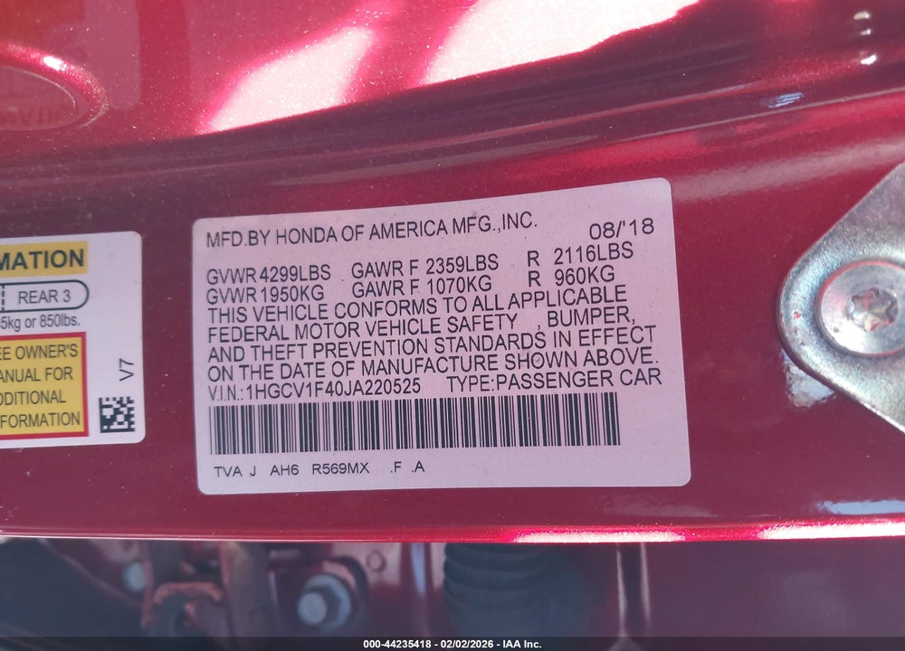 2018 HONDA ACCORD EX VIN: 1HGCV1F40JA220525