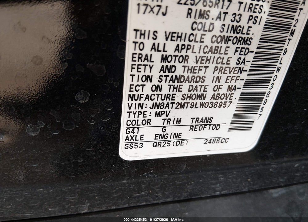 2020 NISSAN ROGUE SV FWD VIN: JN8AT2MT9LW038957