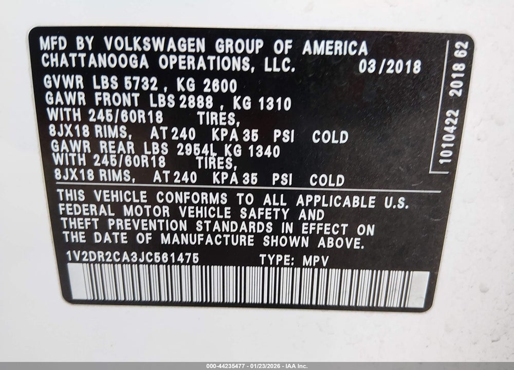 2018 VOLKSWAGEN ATLAS 3.6L V6 SE/3.6L V6 SE W/TECHNOLOGY VIN: 1V2DR2CA3JC561475