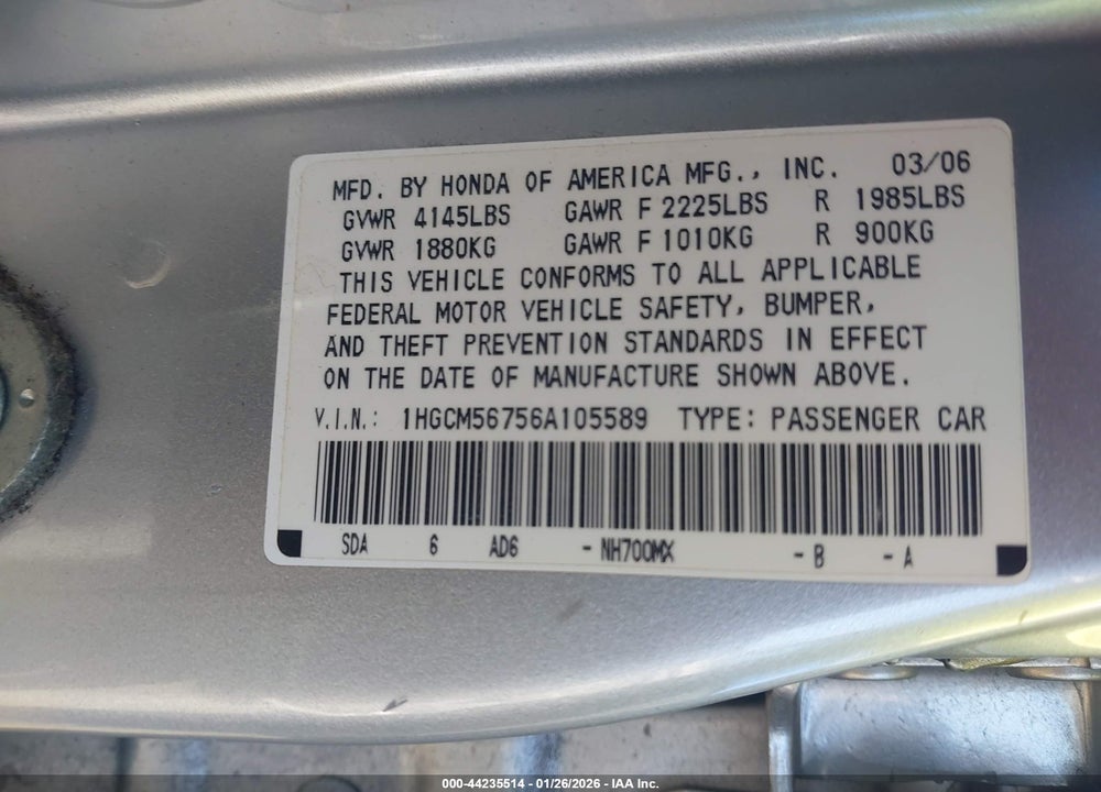 2006 HONDA ACCORD 2.4 EX VIN: 1HGCM56756A105589