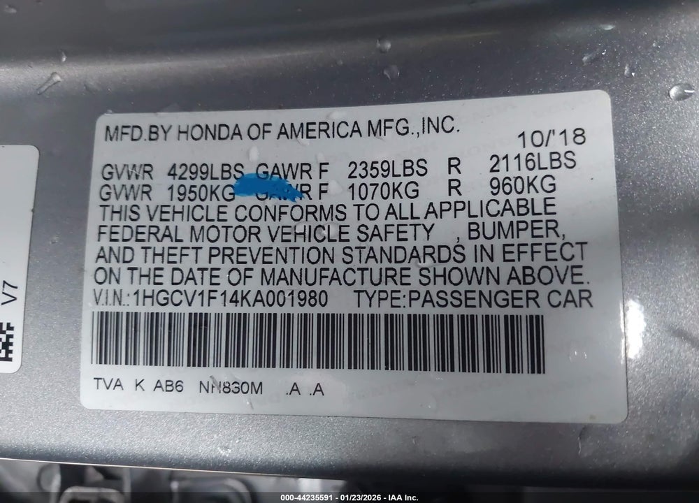 2019 HONDA ACCORD LX VIN: 1HGCV1F14KA001980