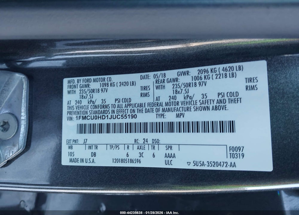 2018 FORD ESCAPE SEL VIN: 1FMCU0HD1JUC55190