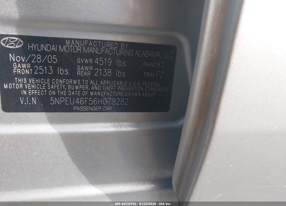2006 HYUNDAI SONATA GLS V6/LX V6 VIN: 5NPEU46F56H078282