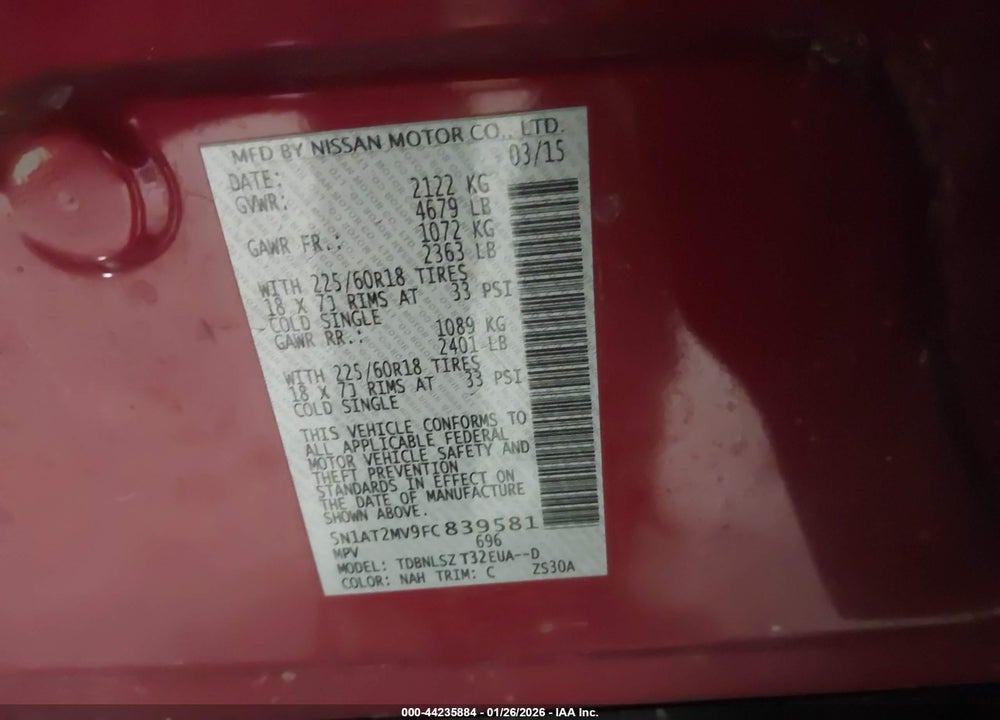 2015 NISSAN ROGUE SL VIN: 5N1AT2MV9FC839581