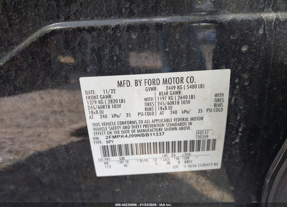 2022 FORD EDGE SEL VIN: 2FMPK4J99NBB11337