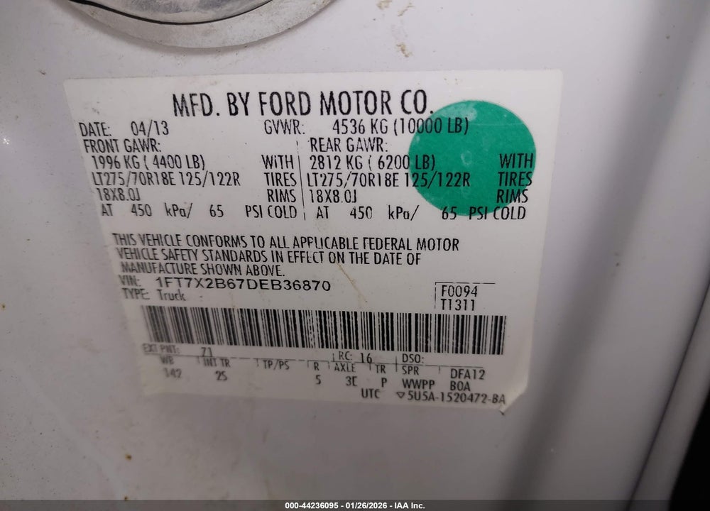2013 FORD F-250 XLT VIN: 1FT7X2B67DEB36870