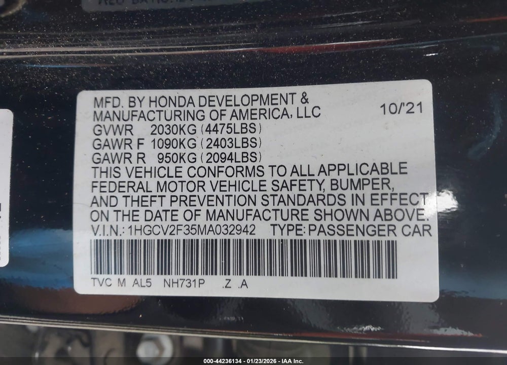 2021 HONDA ACCORD SPORT 2.0T VIN: 1HGCV2F35MA032942