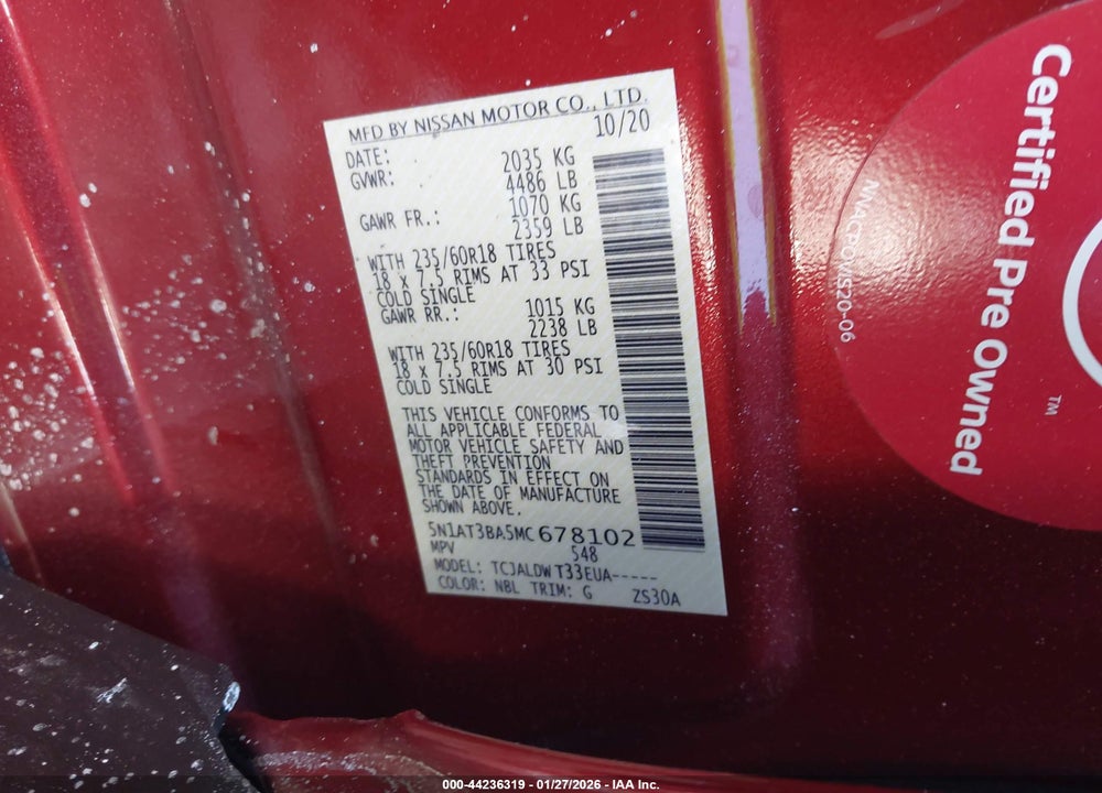 2021 NISSAN ROGUE SV FWD VIN: 5N1AT3BA5MC678102