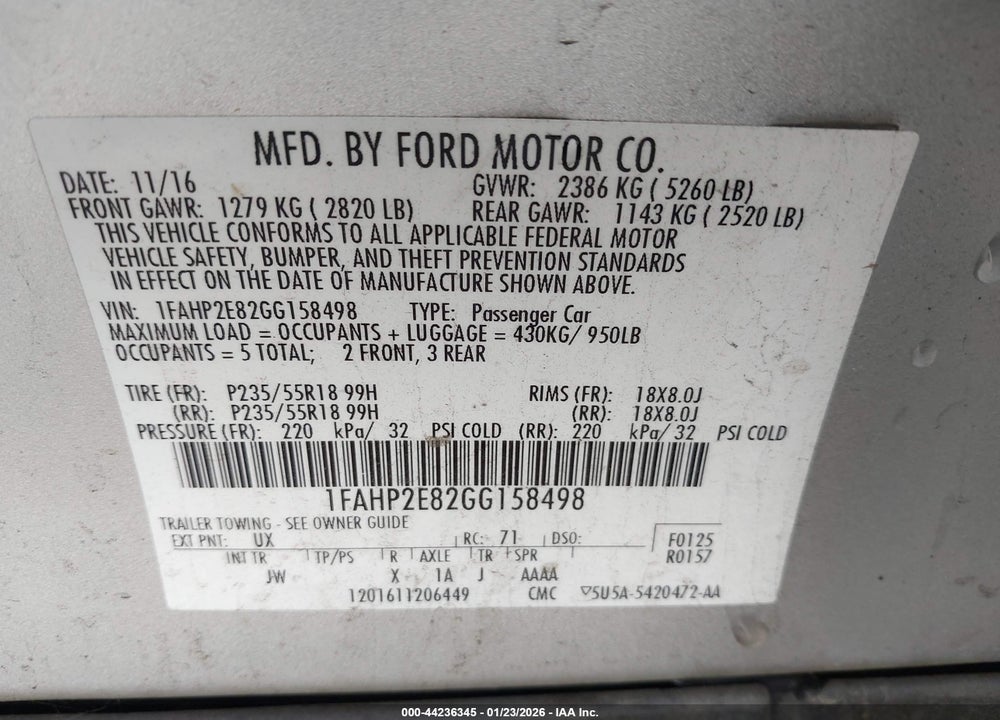 2016 FORD TAURUS SEL VIN: 1FAHP2E82GG158498