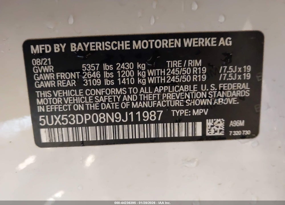 2022 BMW X3 XDRIVE30I VIN: 5UX53DP08N9J11987