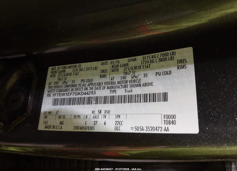 2016 FORD F-150 XLT VIN: 1FTEW1EF7GKD44253