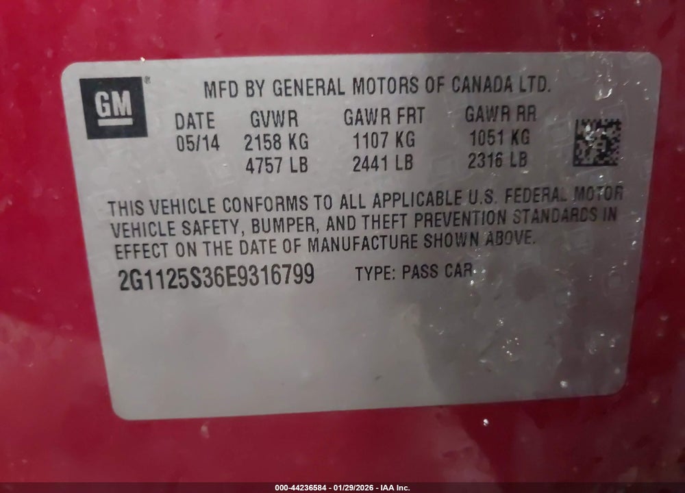 2014 CHEVROLET IMPALA 2LT VIN: 2G1125S36E9316799