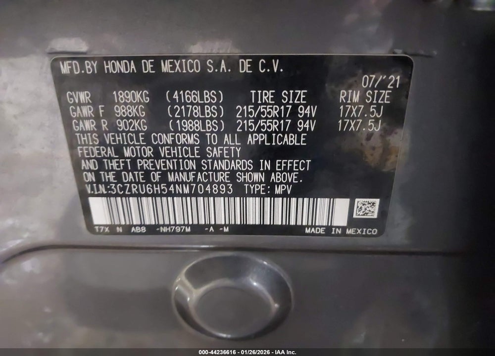 2022 HONDA HR-V AWD EX VIN: 3CZRU6H54NM704893